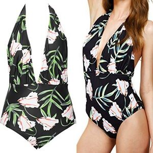 Cupshe Black Floral Halter Plunging Open Back Sexy One Piece Swimsuit M